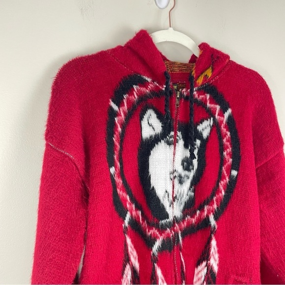 Ruminahui Wool Full Zip Sweater Mens Dream Catcher Long Sleeve Wolf Jacket Red - Picture 3 of 10